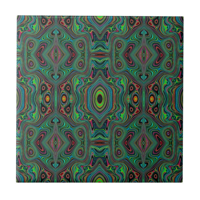 Trippy Retro Black and Lime Green Abstract Pattern Tile (Front)