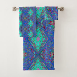 Trippy Retro Blue and Red Abstract Butterfly Bath Towel Set