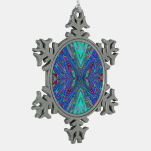 Trippy Retro Blue and Red Abstract Butterfly Snowflake Pewter Christmas Ornament