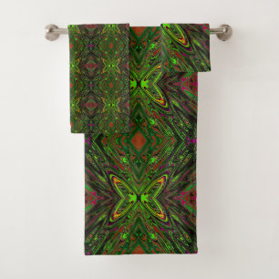 Trippy Retro Lime Green Abstract Butterfly Bath Towel Set