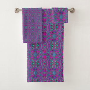 Trippy Retro Magenta, Blue and Green Abstract Bath Towel Set