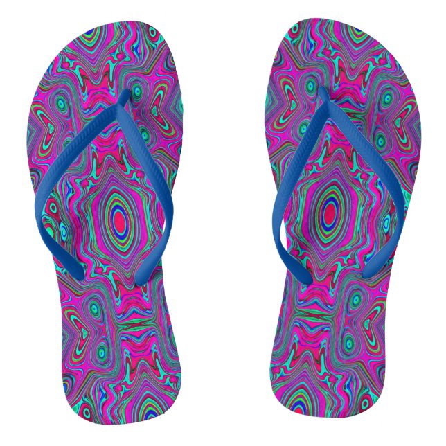 Trippy Retro Magenta, Blue and Green Abstract Flip Flops (Footbed)