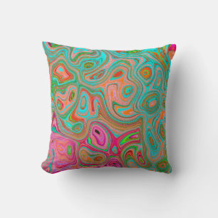 Trippy Retro Orange and Aqua Groovy Abstract Art Cushion