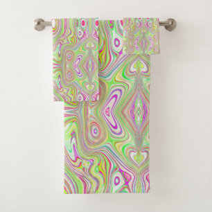 Trippy Retro Pink and Lime Green Abstract Pattern Bath Towel Set