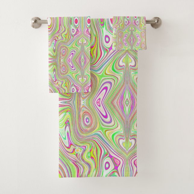 Trippy Retro Pink and Lime Green Abstract Pattern Bath Towel Set (Insitu)