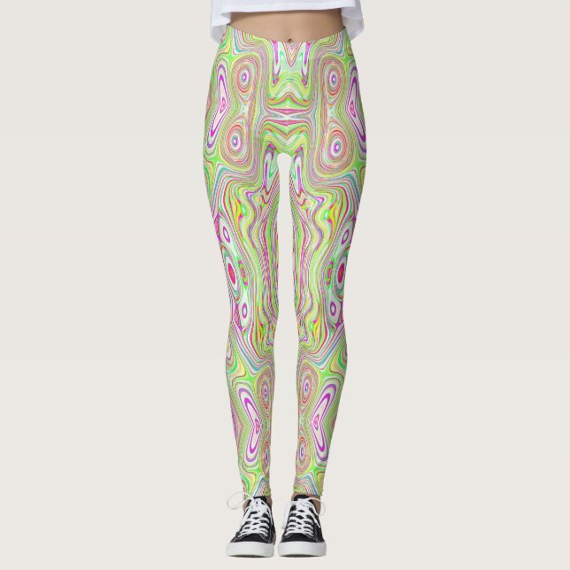 Trippy Retro Pink and Lime Green Abstract Pattern Leggings (Front)