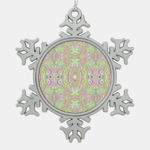 Trippy Retro Pink and Lime Green Abstract Pattern Snowflake Pewter Christmas Ornament