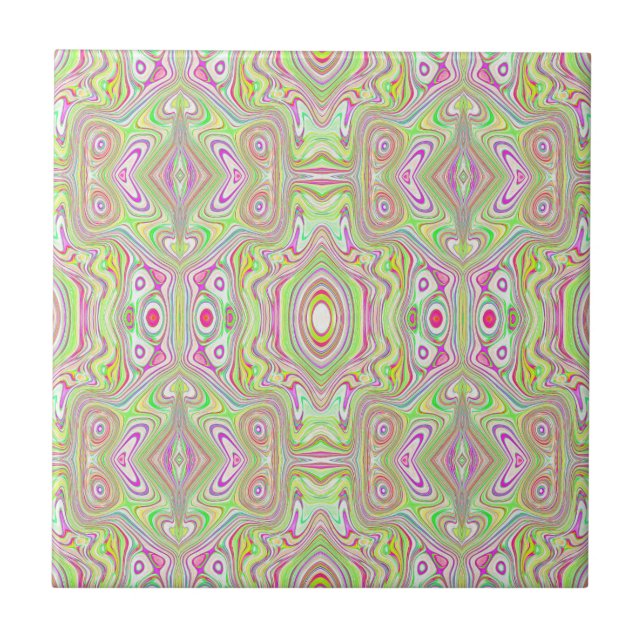 Trippy Retro Pink and Lime Green Abstract Pattern Tile (Front)