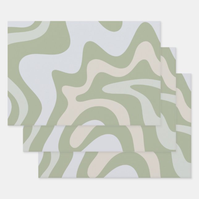 Trippy Retro Sage Green Swirls Abstract Pattern Wrapping Paper Sheet (Set)