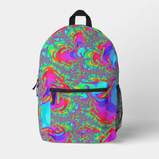 Trippy Retro Vibrant Neon Rainbow Fractal Art Printed Backpack (Front)
