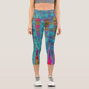 Trippy Sky Blue Abstract Retro Atomic Waves Capri Leggings