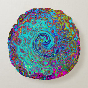 Trippy Sky Blue Abstract Retro Liquid Swirl Round Cushion