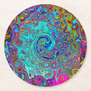 Trippy Sky Blue Abstract Retro Liquid Swirl Round Paper Coaster