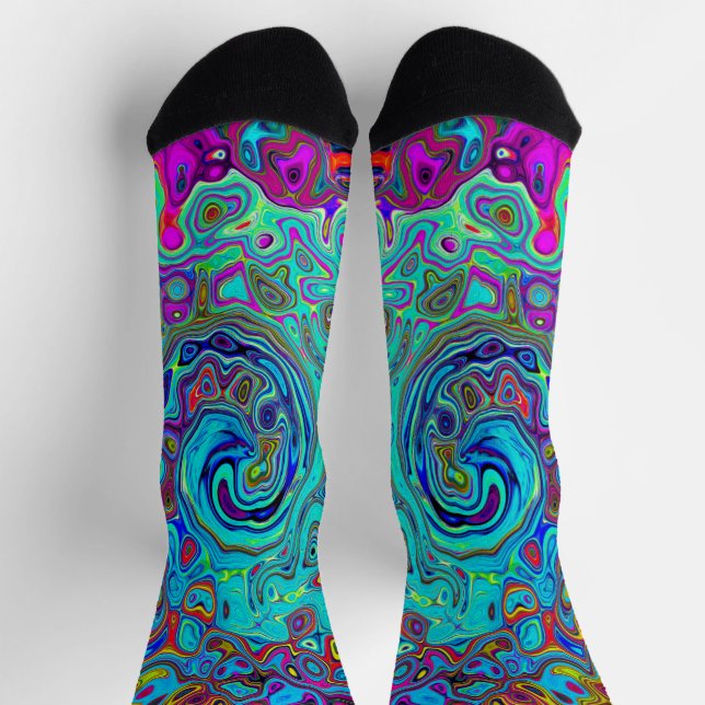 Trippy Sky Blue Abstract Retro Liquid Swirl Socks (Top)