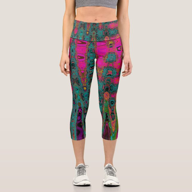 Trippy Turquoise Abstract Retro Atomic Waves Capri Leggings (Front)