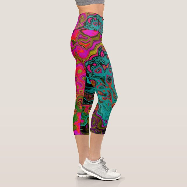 Trippy Turquoise Abstract Retro Liquid Swirl Capri Leggings (Right)
