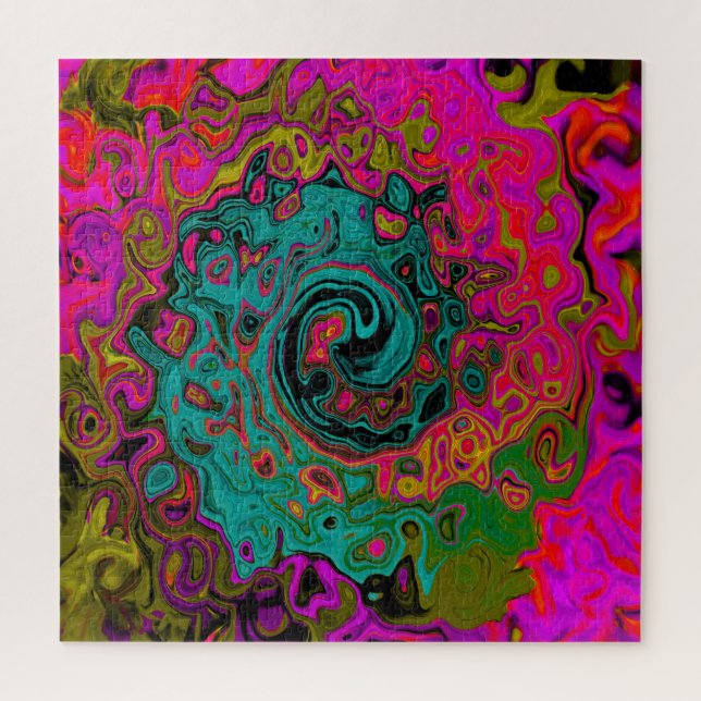 Trippy Turquoise Abstract Retro Liquid Swirl Jigsaw Puzzle (Vertical)