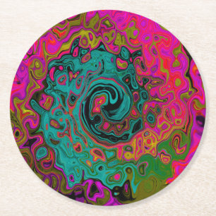 Trippy Turquoise Abstract Retro Liquid Swirl Round Paper Coaster