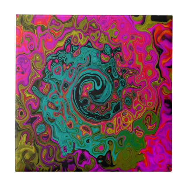 Trippy Turquoise Abstract Retro Liquid Swirl Tile (Front)