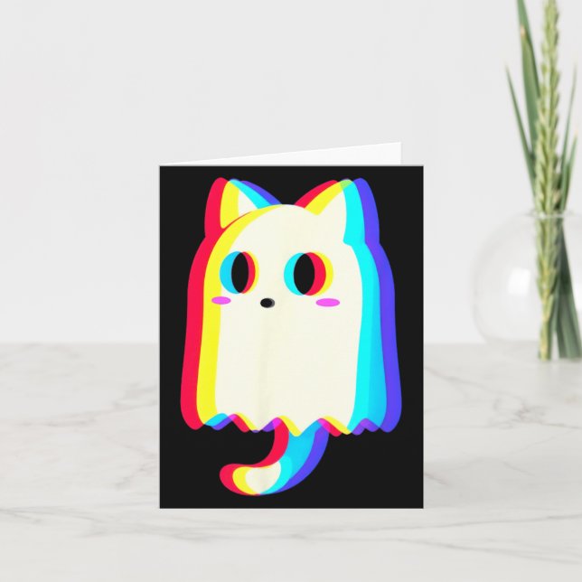 Trippy Vaporwave Ghost Cat Halloween Techno Rave Card (Front)