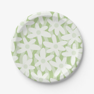 Trippy Wavy Flowers Pastel Sage Green Pattern Paper Plate