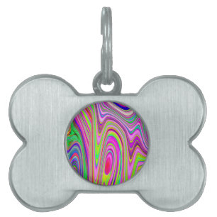 Trippy Yellow and Pink Abstract Groovy Retro Art Pet ID Tag