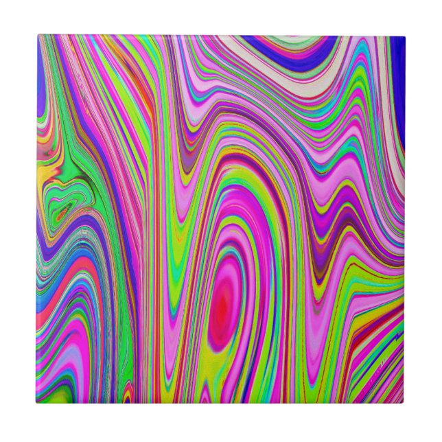 Trippy Yellow and Pink Abstract Groovy Retro Art Tile (Front)