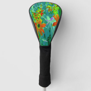 Trippy Yellow and Red Wildflowers on Retro Blue Golf Head Cover