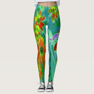 Trippy Yellow and Red Wildflowers on Retro Blue Leggings