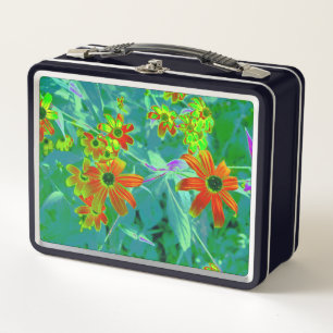 Trippy Yellow and Red Wildflowers on Retro Blue Metal Lunch Box