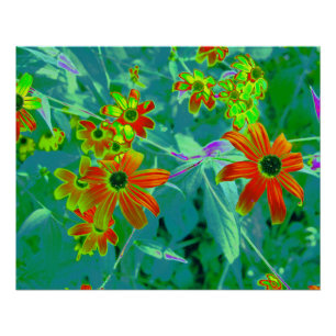 Trippy Yellow and Red Wildflowers on Retro Blue Poster