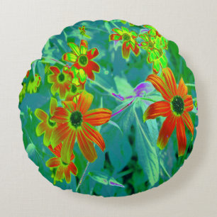 Trippy Yellow and Red Wildflowers on Retro Blue Round Cushion