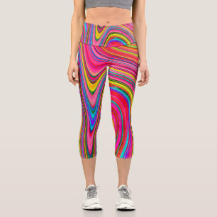Trippy Yellow, Red and Blue Abstract Groovy Art Capri Leggings