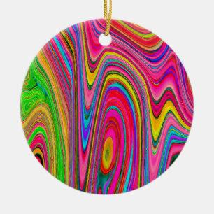 Trippy Yellow, Red and Blue Abstract Groovy Art Ceramic Tree Decoration