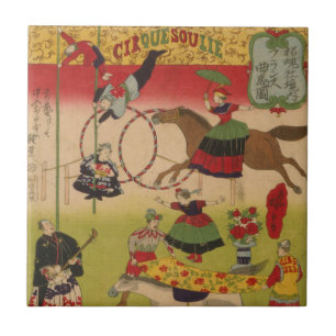 Triptych Print Shows Circus At Yasukuni Jinja Tile