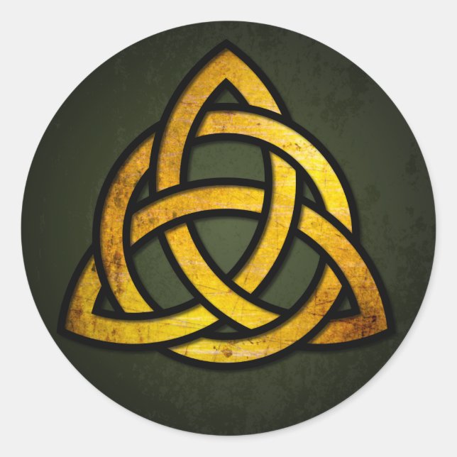 Triquet Celtic Knot (gold & black on grunge green) Classic Round Sticker (Front)