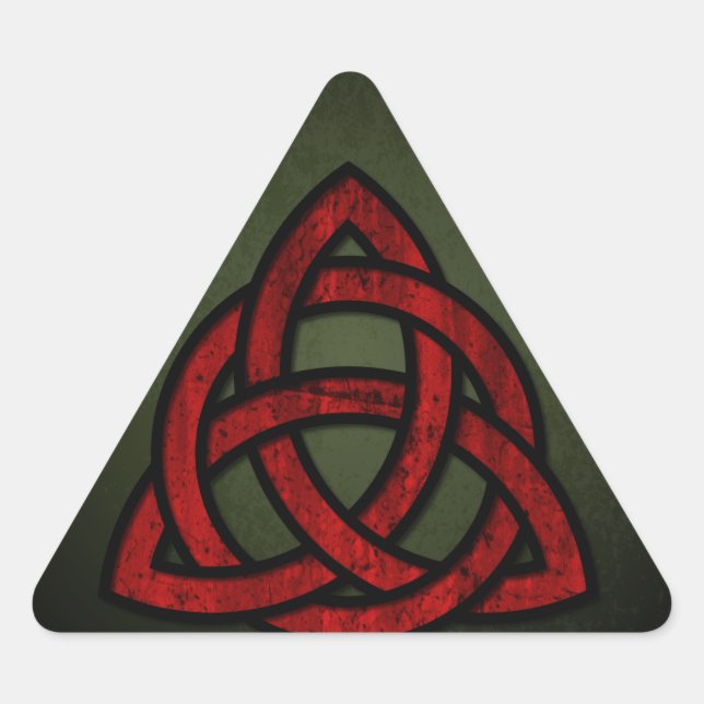 Triquet Celtic Knot (red & black on grunge green) Triangle Sticker (Front)