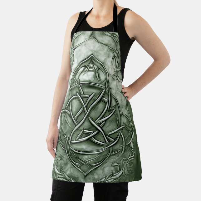 Triquetra Trinity Knot Sage Green Faux Metallic Apron (Insitu)