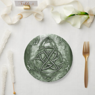 Triquetra Trinity Knot Sage Green Faux Metallic Paper Plate