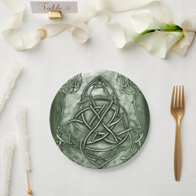 Triquetra Trinity Knot Sage Green Faux Metallic Paper Plate (Wedding)