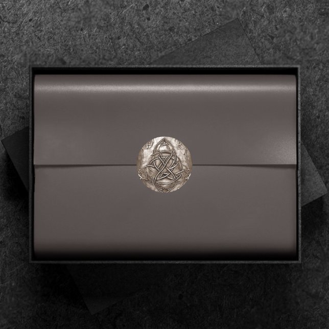 Triquetra Trinity Knot Sepia Faux Metallic Tin Classic Round Sticker (Creator Uploaded)