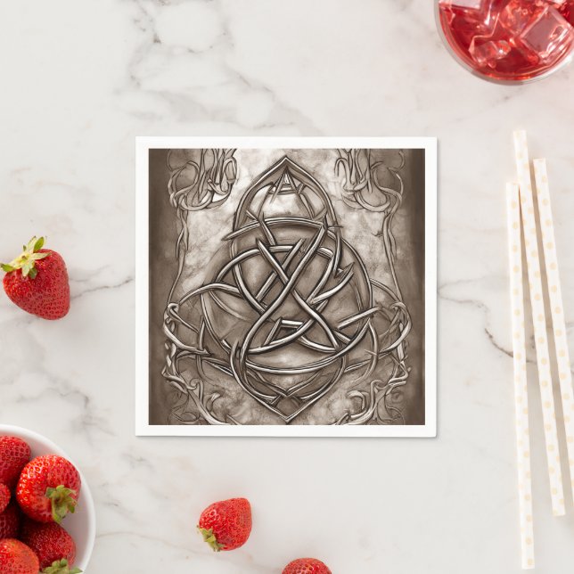Triquetra Trinity Knot Sepia Faux Metallic Tin Napkin (Insitu)