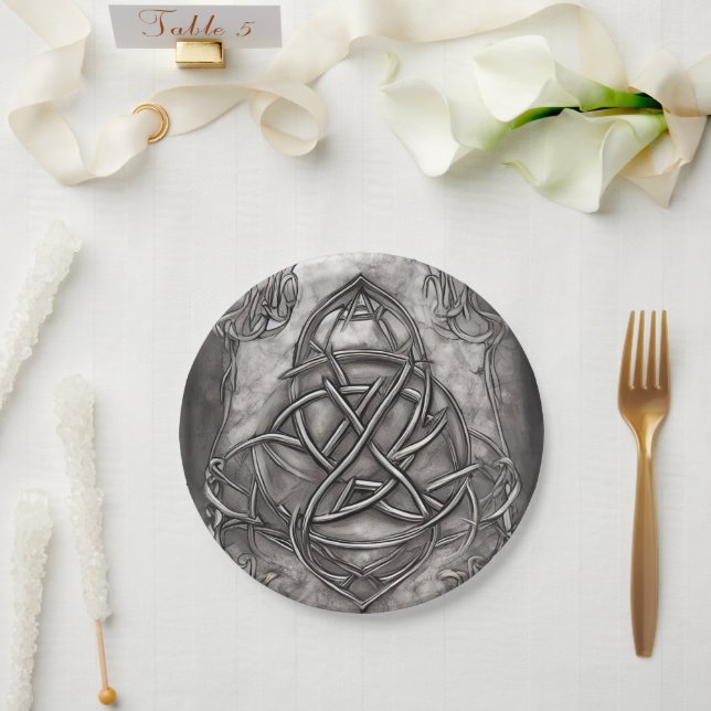 Triquetra Trinity Knot Silvery Pewter Faux Metal Paper Plate (Wedding)
