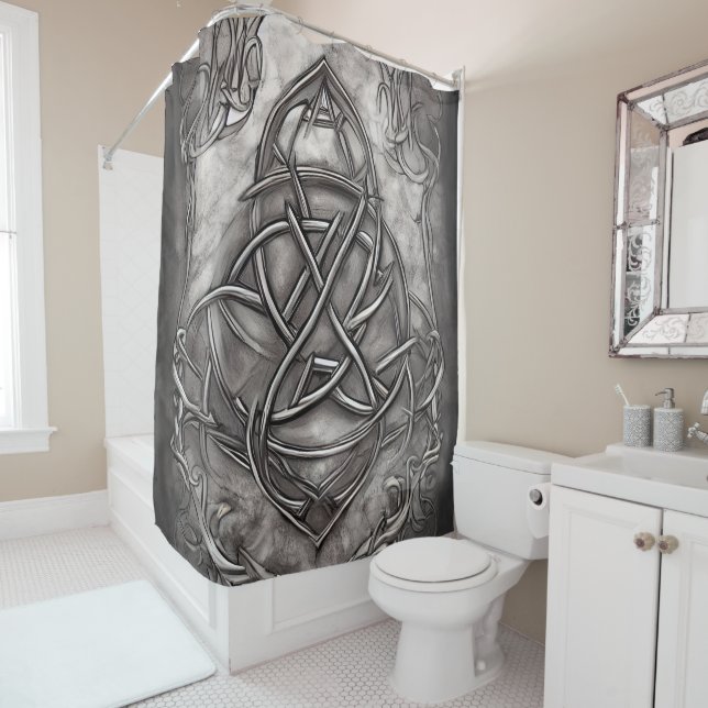 Triquetra Trinity Knot Silvery Pewter Faux Metal Shower Curtain (In Situ)