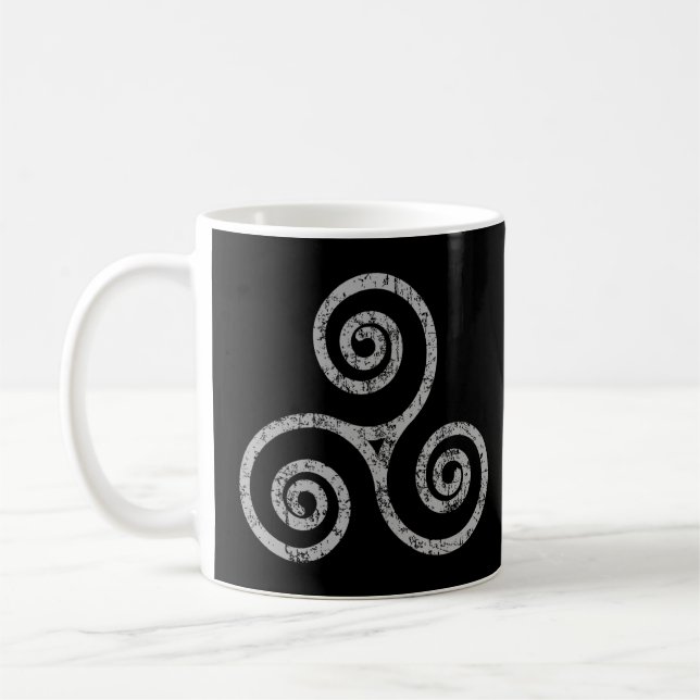 Triskelion, Triskeles (Vintage Grey) Celtic Symbol Coffee Mug (Left)