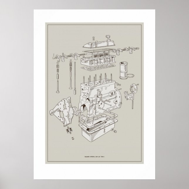Triumph TR4A Engine Schematic Poster - OffWhite (Front)