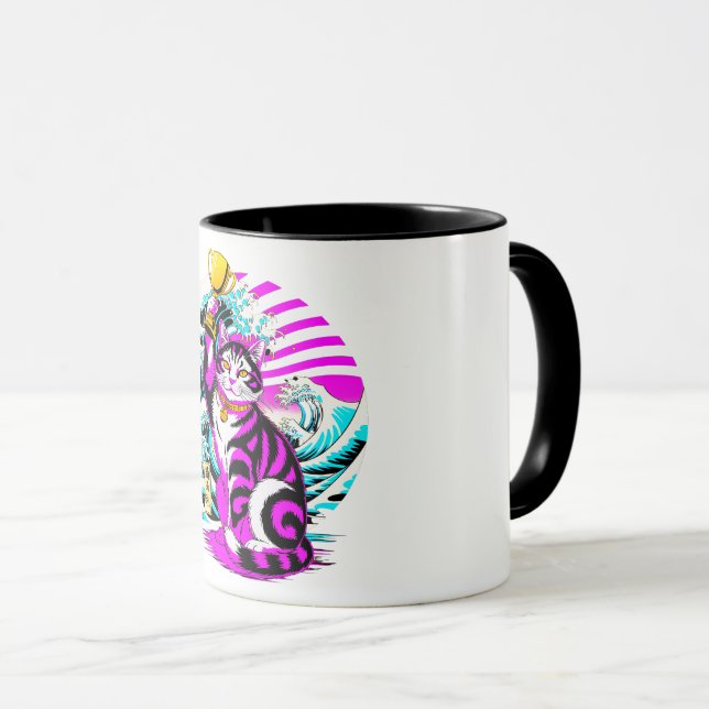 Triumphant Japanese Wave Cat with Trophy Mug (Front Right)