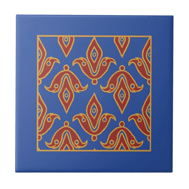 Trivet,  Burgundy, Blue, Gold Fleur de Lys Pattern Tile (Front)
