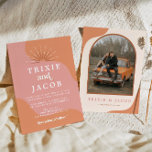 TRIXIE Retro Arched Photo Boho Groovy Wedding Invitation<br><div class="desc">This wedding invitation card features a bohemian arched photo design,  fun orange swirls,  a bright pink background and retro font and sunburst. Easily edit all colours to meet your needs and swap out the photos on the front and back for a personal touch.</div>