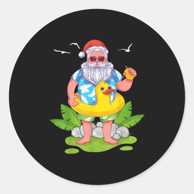 Trocal Summer Funny Hawaiian Santa Claus Christmas Classic Round Sticker (Front)